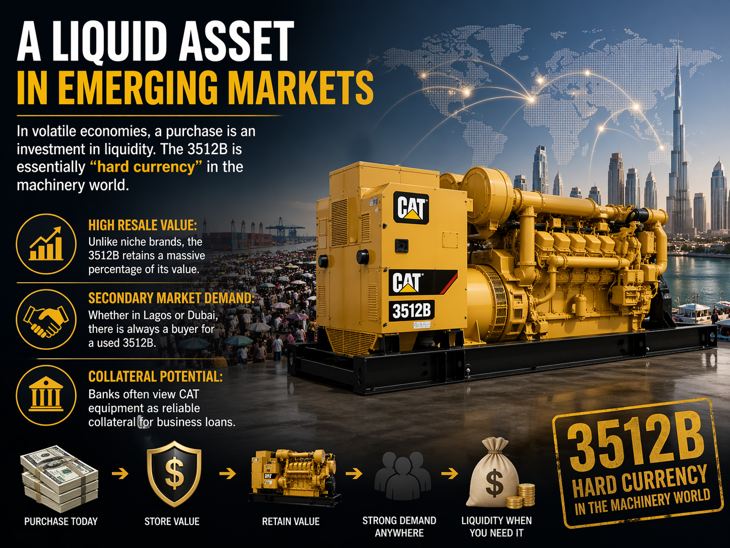 Caterpillar 3512B generator as a liquid asset in emerging markets with high resale value, strong global demand, and financing collateral potential