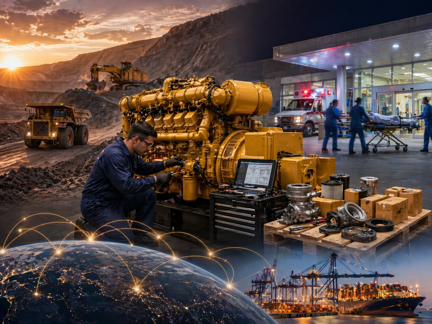 Caterpillar 3512B generator maintenance with global technician support, spare parts availability, and reliable operation in mining and hospital environments