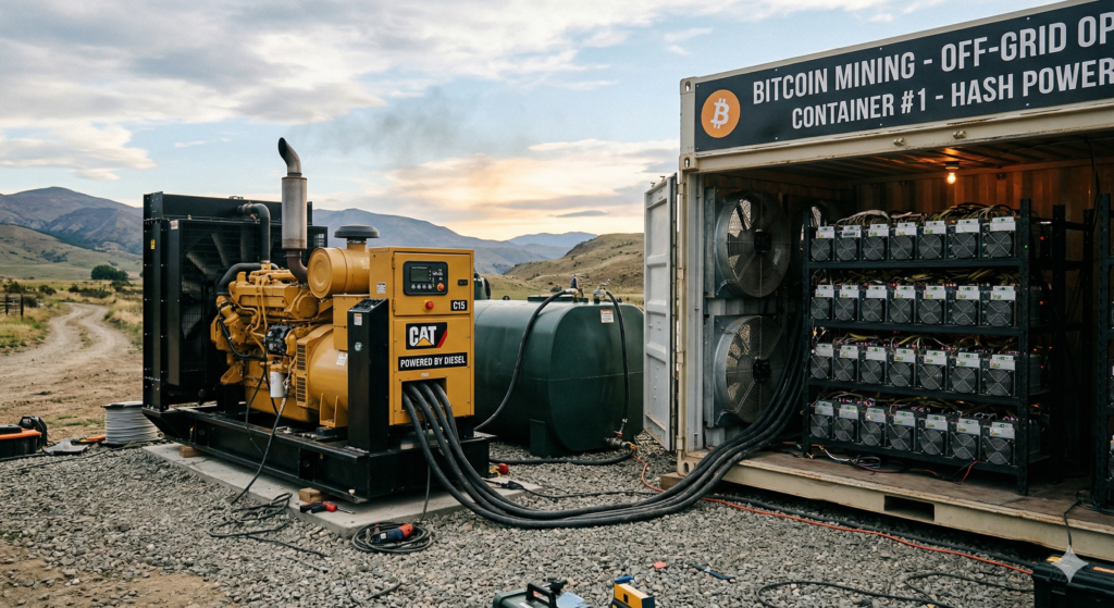 Industrial yellow diesel generator connected to a shipping container filled with Bitcoin mining ASIC rigs in a remote outdoor landscape, illustrating independent off-grid power solutions for cryptocurrency mining.