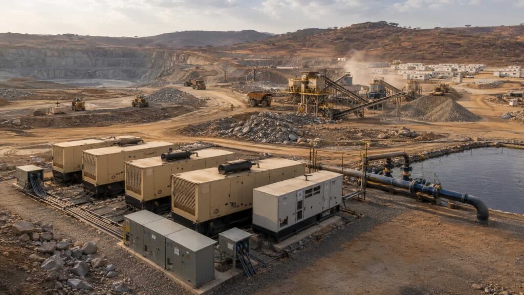 Industrial diesel generators powering a remote African mining site with crushing equipment, water pumping systems, worker camps, and off-grid power infrastructure.
